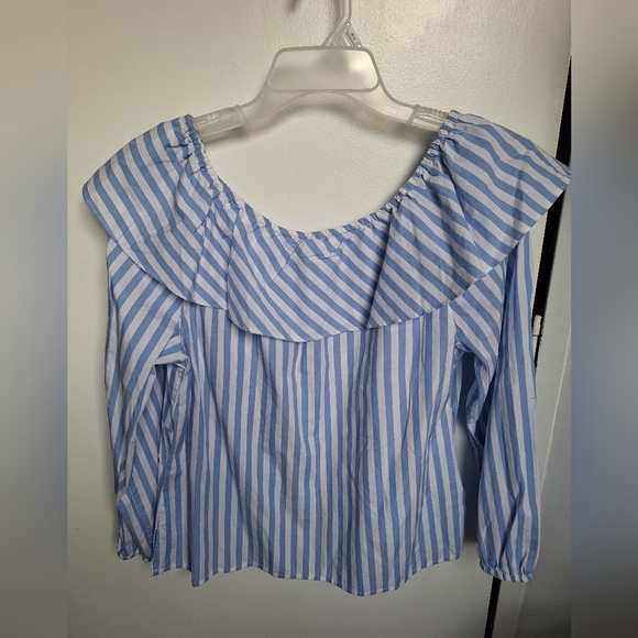 Sanctuary Blue Stripe Ruffle Crossover Pirate Shirt Top Blouse - Size  L - Picture 8 of 10